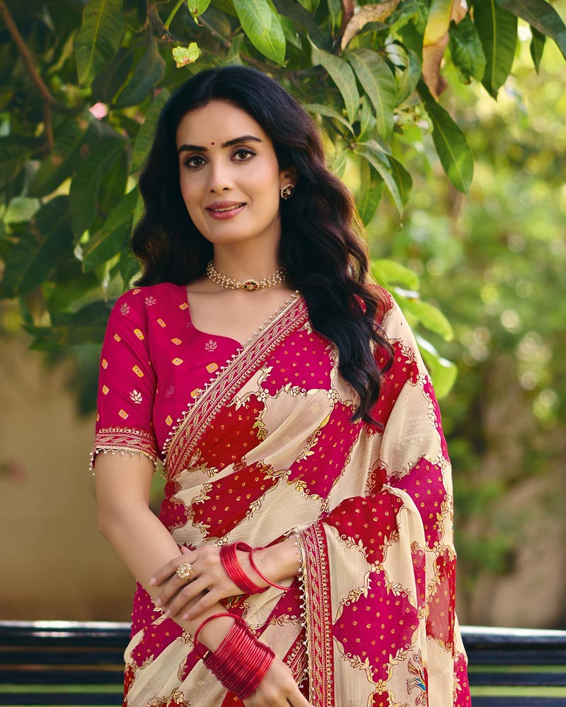 Vishal Prints Beige Printed Fancy Chiffon Saree With Foil Print And Embroidery Border