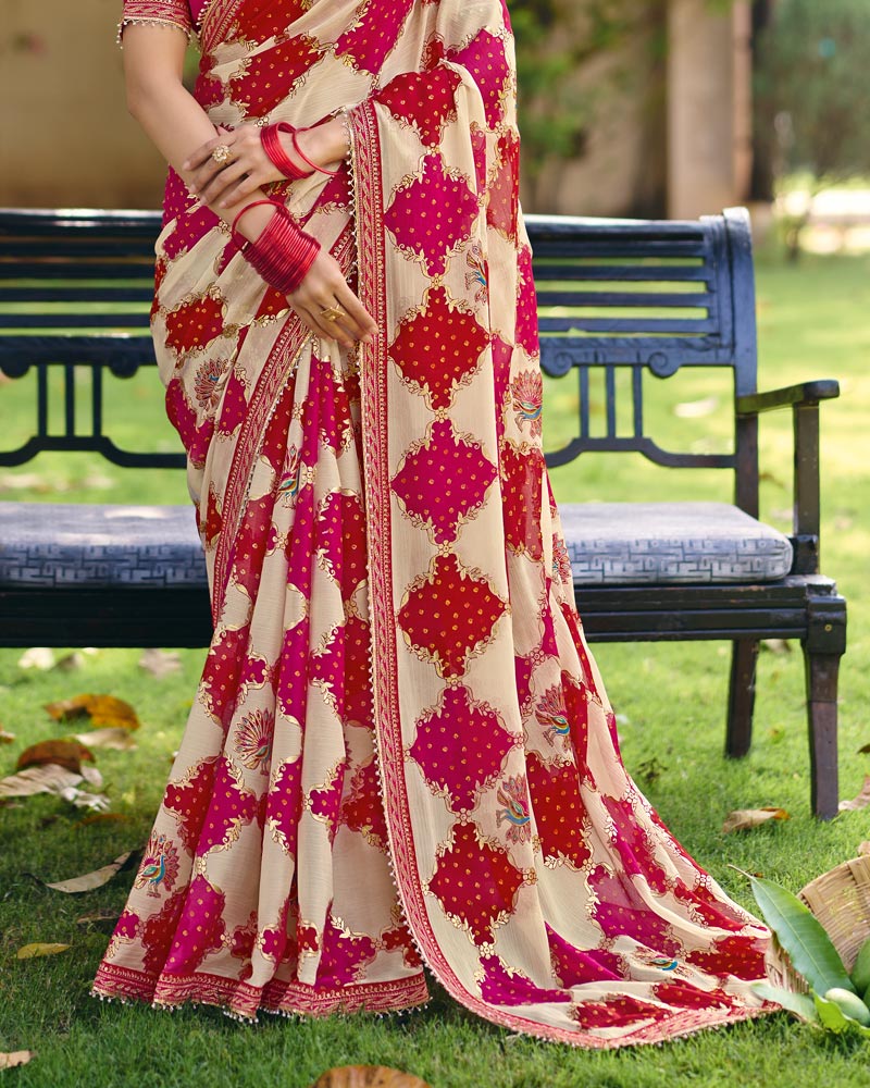 Vishal Prints Beige Printed Fancy Chiffon Saree With Foil Print And Embroidery Border