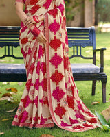 Vishal Prints Beige Printed Fancy Chiffon Saree With Foil Print And Embroidery Border