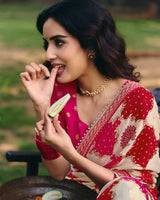 Vishal Prints Beige Printed Fancy Chiffon Saree With Foil Print And Embroidery Border