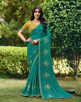 Vishal Prints Teal Blue Traditional Printed Fancy Chiffon Saree With Foil Print And Embroidery Border