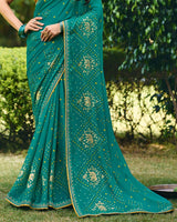 Vishal Prints Teal Blue Traditional Printed Fancy Chiffon Saree With Foil Print And Embroidery Border