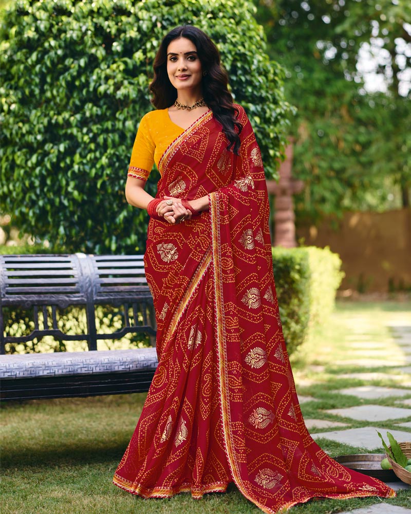 Vishal Prints Sindoori Red Traditional Printed Fancy Chiffon Saree With Foil Print And Embroidery Border