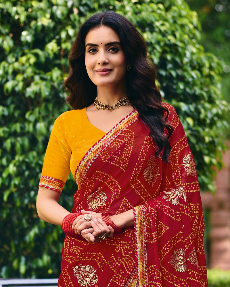 Vishal Prints Sindoori Red Traditional Printed Fancy Chiffon Saree With Foil Print And Embroidery Border