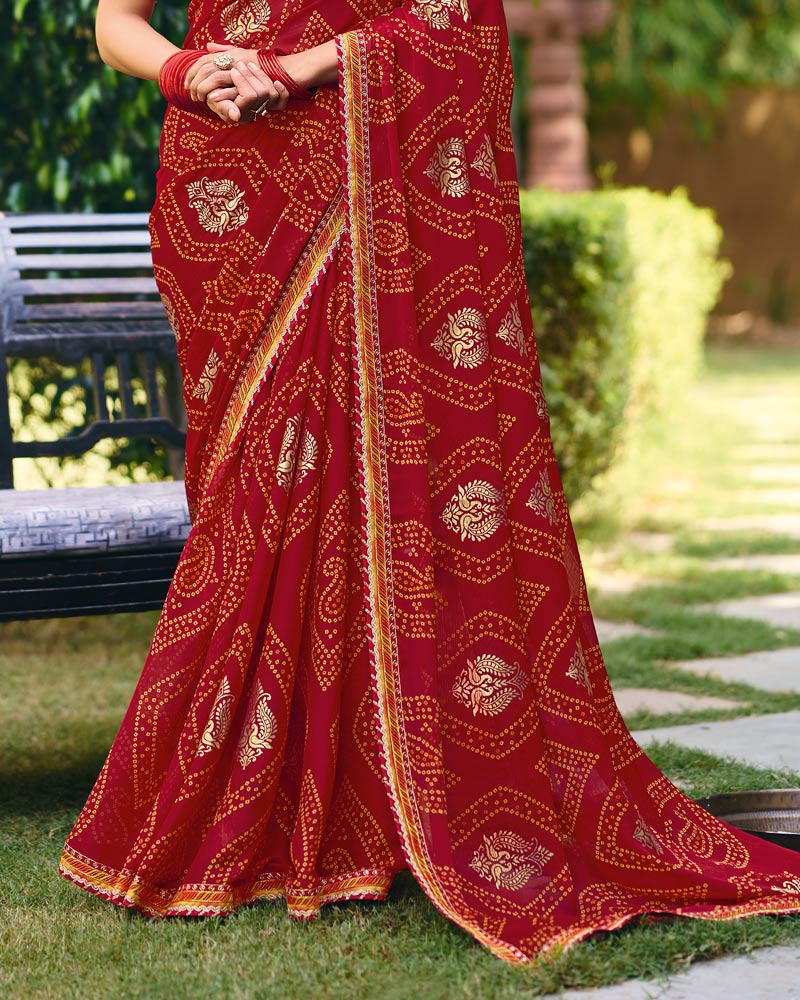 Vishal Prints Sindoori Red Traditional Printed Fancy Chiffon Saree With Foil Print And Embroidery Border