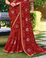 Vishal Prints Sindoori Red Traditional Printed Fancy Chiffon Saree With Foil Print And Embroidery Border