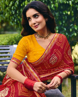 Vishal Prints Sindoori Red Traditional Printed Fancy Chiffon Saree With Foil Print And Embroidery Border