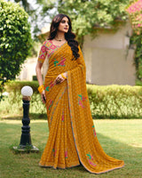 Vishal Prints Mustard Traditional Printed Fancy Chiffon Saree With Foil Print And Embroidery Border