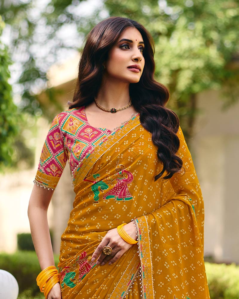 Vishal Prints Mustard Traditional Printed Fancy Chiffon Saree With Foil Print And Embroidery Border