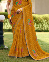 Vishal Prints Mustard Traditional Printed Fancy Chiffon Saree With Foil Print And Embroidery Border
