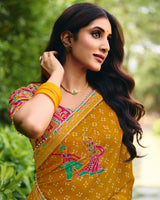 Vishal Prints Mustard Traditional Printed Fancy Chiffon Saree With Foil Print And Embroidery Border