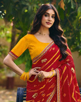 Vishal Prints Bright Red Traditional Printed Fancy Chiffon Saree With Foil Print And Embroidery Border