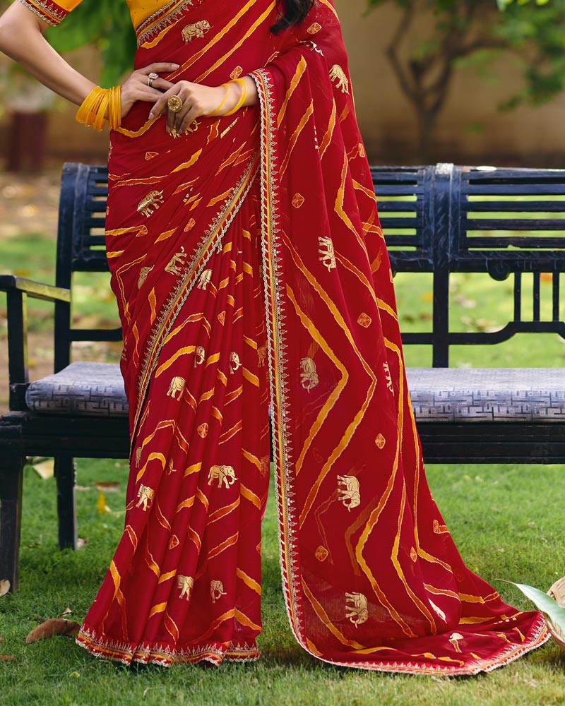 Vishal Prints Bright Red Traditional Printed Fancy Chiffon Saree With Foil Print And Embroidery Border