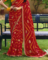 Vishal Prints Bright Red Traditional Printed Fancy Chiffon Saree With Foil Print And Embroidery Border