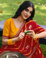 Vishal Prints Bright Red Traditional Printed Fancy Chiffon Saree With Foil Print And Embroidery Border