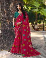Vishal Prints Rani Pink Printed Fancy Chiffon Saree With Foil Print And Embroidery Border
