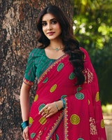 Vishal Prints Rani Pink Printed Fancy Chiffon Saree With Foil Print And Embroidery Border