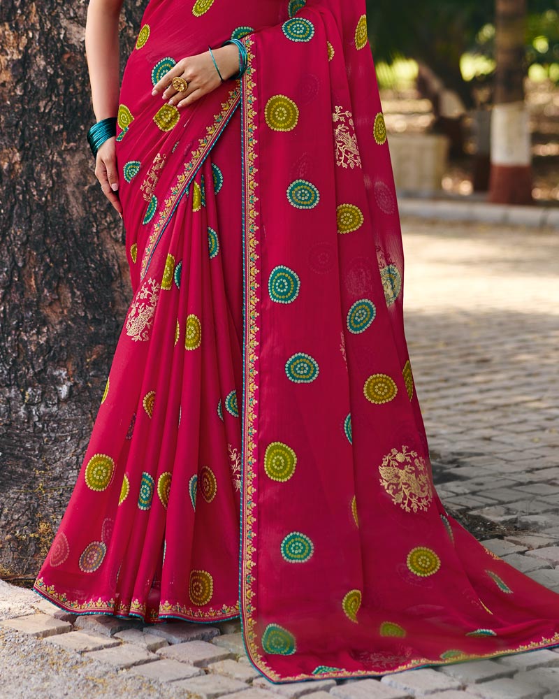 Vishal Prints Rani Pink Printed Fancy Chiffon Saree With Foil Print And Embroidery Border