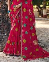 Vishal Prints Rani Pink Printed Fancy Chiffon Saree With Foil Print And Embroidery Border