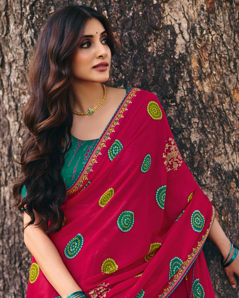 Vishal Prints Rani Pink Printed Fancy Chiffon Saree With Foil Print And Embroidery Border