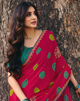 Vishal Prints Rani Pink Printed Fancy Chiffon Saree With Foil Print And Embroidery Border