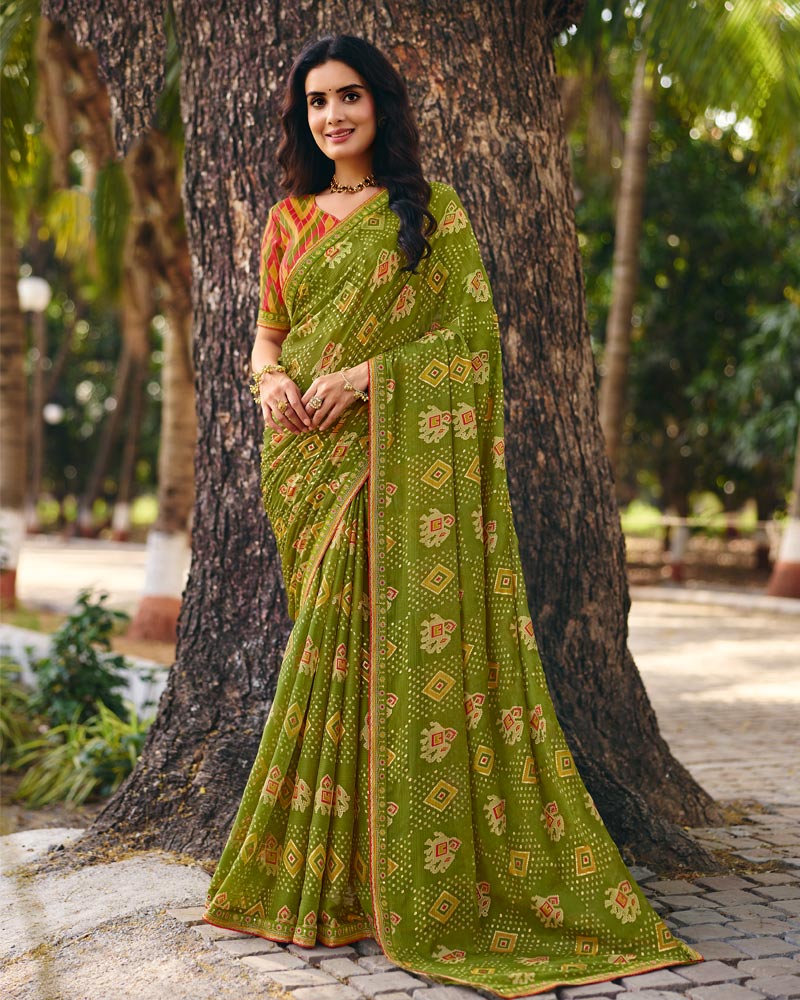 Vishal Prints Pista Green Traditional Printed Fancy Chiffon Saree With Foil Print And Embroidery Border