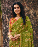 Vishal Prints Pista Green Traditional Printed Fancy Chiffon Saree With Foil Print And Embroidery Border