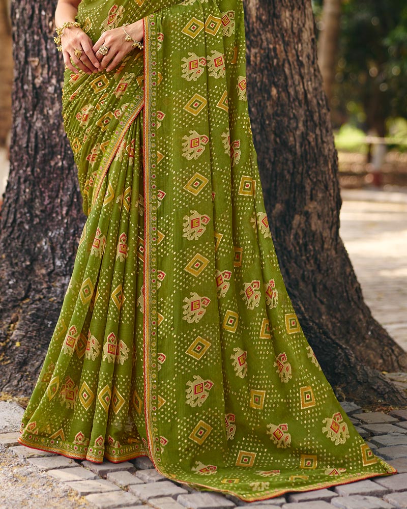 Vishal Prints Pista Green Traditional Printed Fancy Chiffon Saree With Foil Print And Embroidery Border