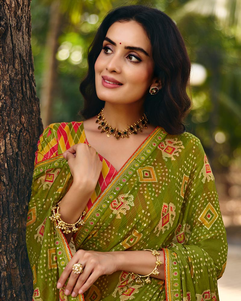 Vishal Prints Pista Green Traditional Printed Fancy Chiffon Saree With Foil Print And Embroidery Border