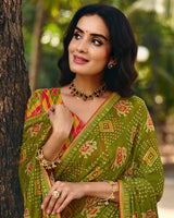 Vishal Prints Pista Green Traditional Printed Fancy Chiffon Saree With Foil Print And Embroidery Border