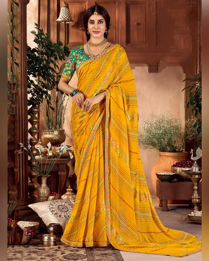 Vishal Prints Dark Mustard Yellow Traditional Printed Fancy Chiffon Saree With Foil Print And Embroidery Border