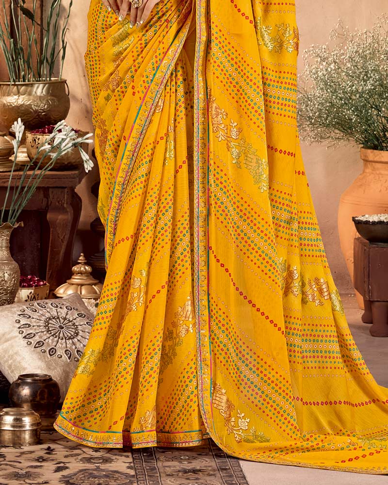 Vishal Prints Dark Mustard Yellow Traditional Printed Fancy Chiffon Saree With Foil Print And Embroidery Border