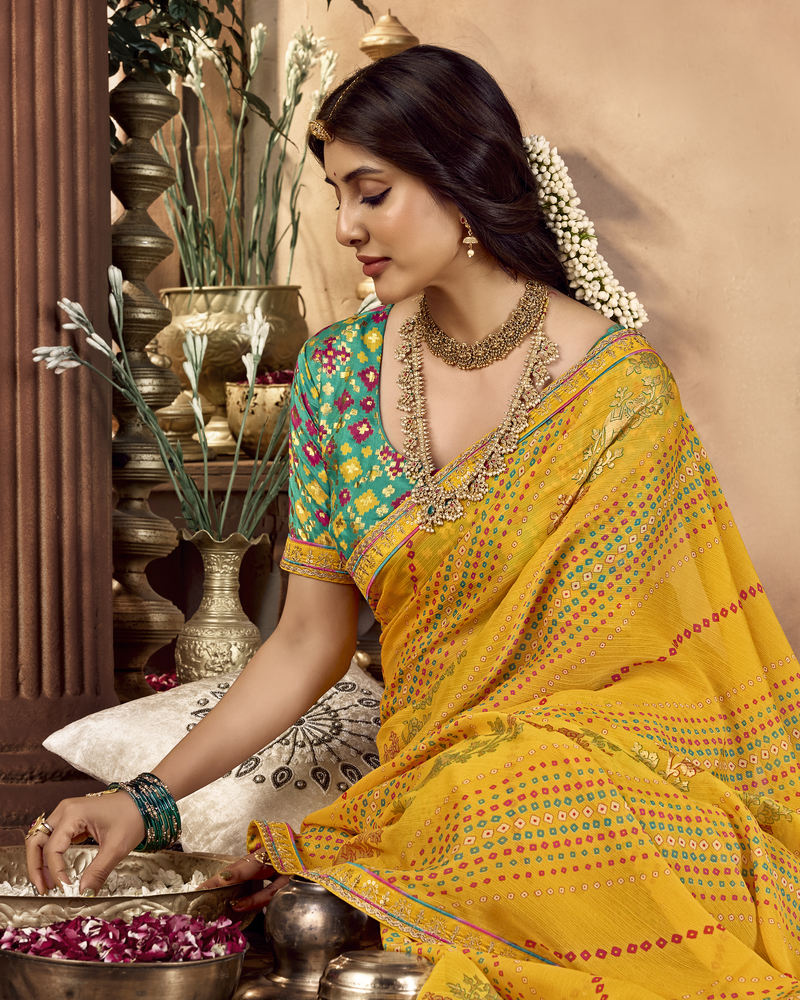 Vishal Prints Dark Mustard Yellow Traditional Printed Fancy Chiffon Saree With Foil Print And Embroidery Border