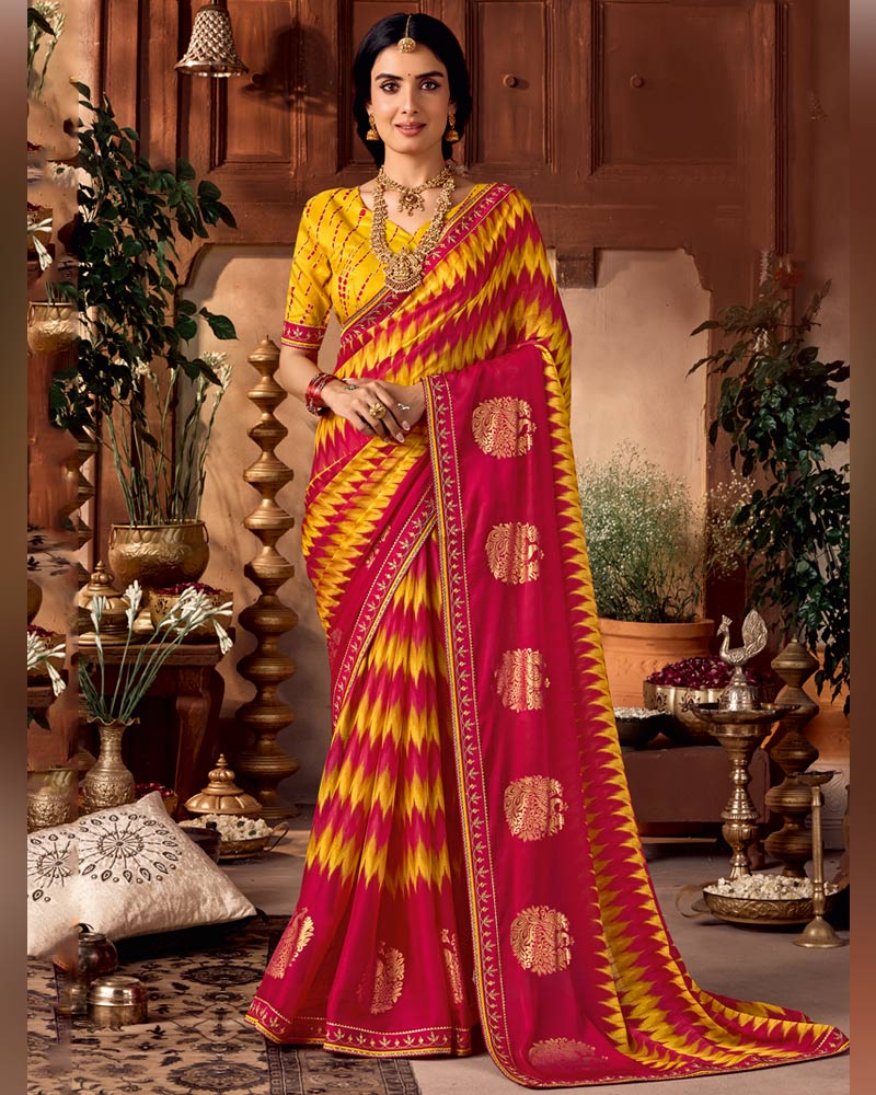 Vishal Prints Cherry Red And Yellow Traditional Printed Fancy Chiffon Saree With Foil Print And Embroidery Border
