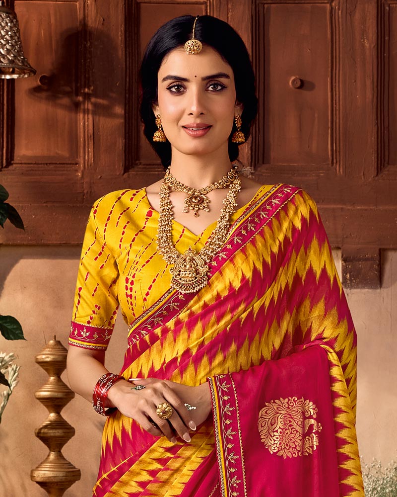 Vishal Prints Cherry Red And Yellow Traditional Printed Fancy Chiffon Saree With Foil Print And Embroidery Border