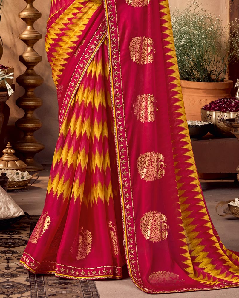 Vishal Prints Cherry Red And Yellow Traditional Printed Fancy Chiffon Saree With Foil Print And Embroidery Border