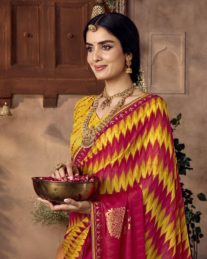 Vishal Prints Cherry Red And Yellow Traditional Printed Fancy Chiffon Saree With Foil Print And Embroidery Border