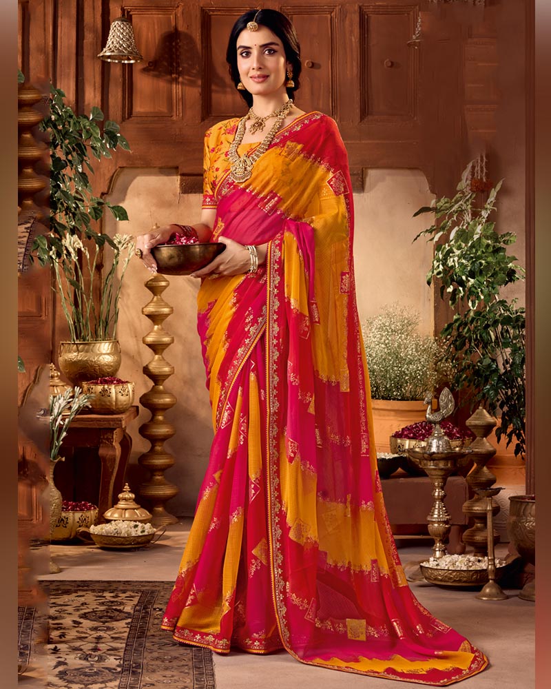 Vishal Prints Dark Orange And Red Pink Traditional Printed Fancy Chiffon Saree With Foil Print And Embroidery Border