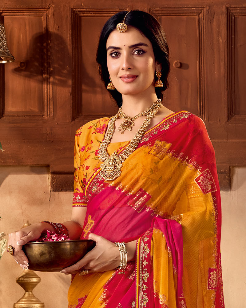 Vishal Prints Dark Orange And Red Pink Traditional Printed Fancy Chiffon Saree With Foil Print And Embroidery Border