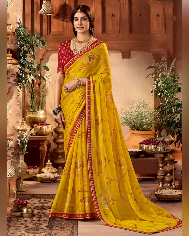 Vishal Prints Brownish Yellow Traditional Printed Fancy Chiffon Saree With Foil Print And Embroidery Border