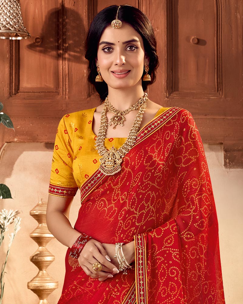 Vishal Prints Venetian Red Traditional Printed Fancy Chiffon Saree With Foil Print And Embroidery Border