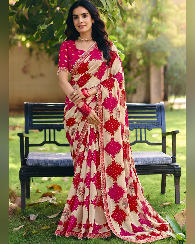 Vishal Prints Dark Hot Pink Printed Fancy Chiffon Traditional Print Saree With Foil Print And Embroidery Border