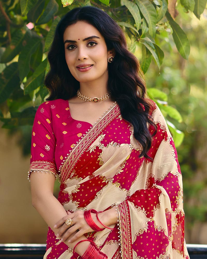 Vishal Prints Dark Hot Pink Printed Fancy Chiffon Traditional Print Saree With Foil Print And Embroidery Border
