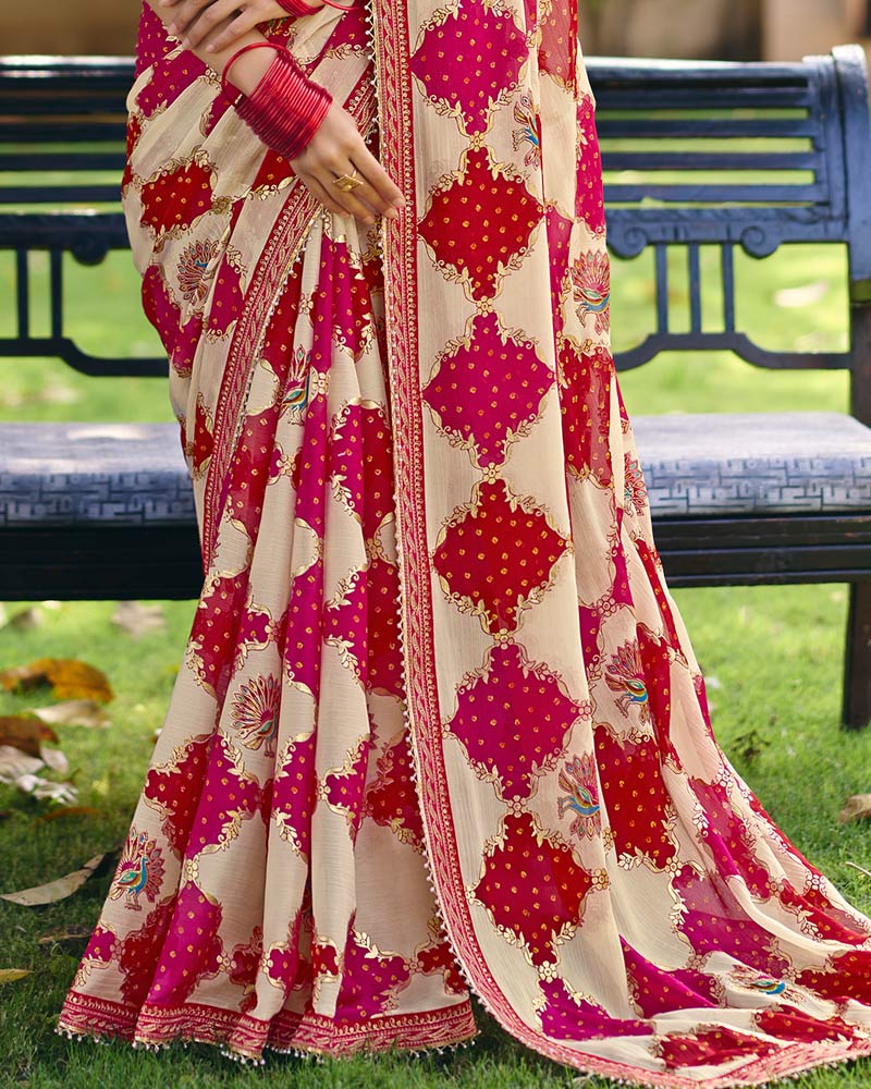 Vishal Prints Dark Hot Pink Printed Fancy Chiffon Traditional Print Saree With Foil Print And Embroidery Border