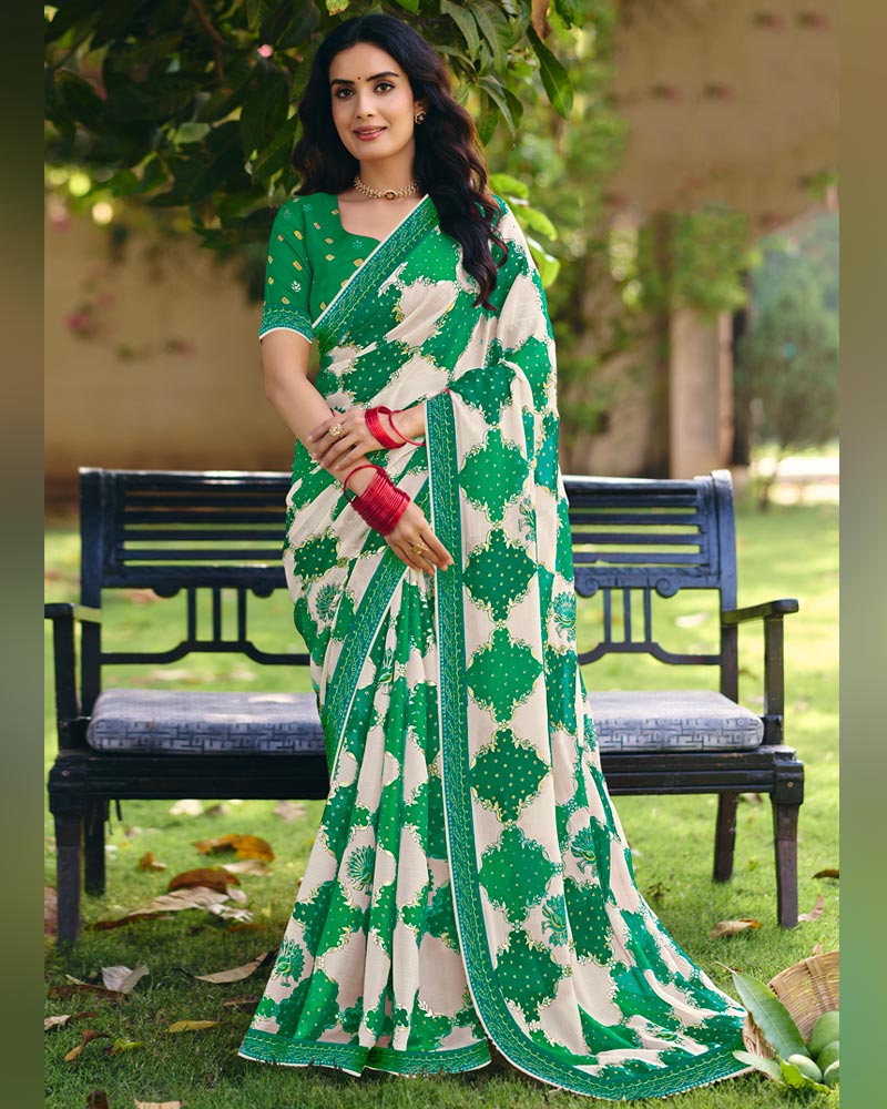 Vishal Prints Spring Green Printed Fancy Chiffon Traditional Print Saree With Foil Print And Embroidery Border