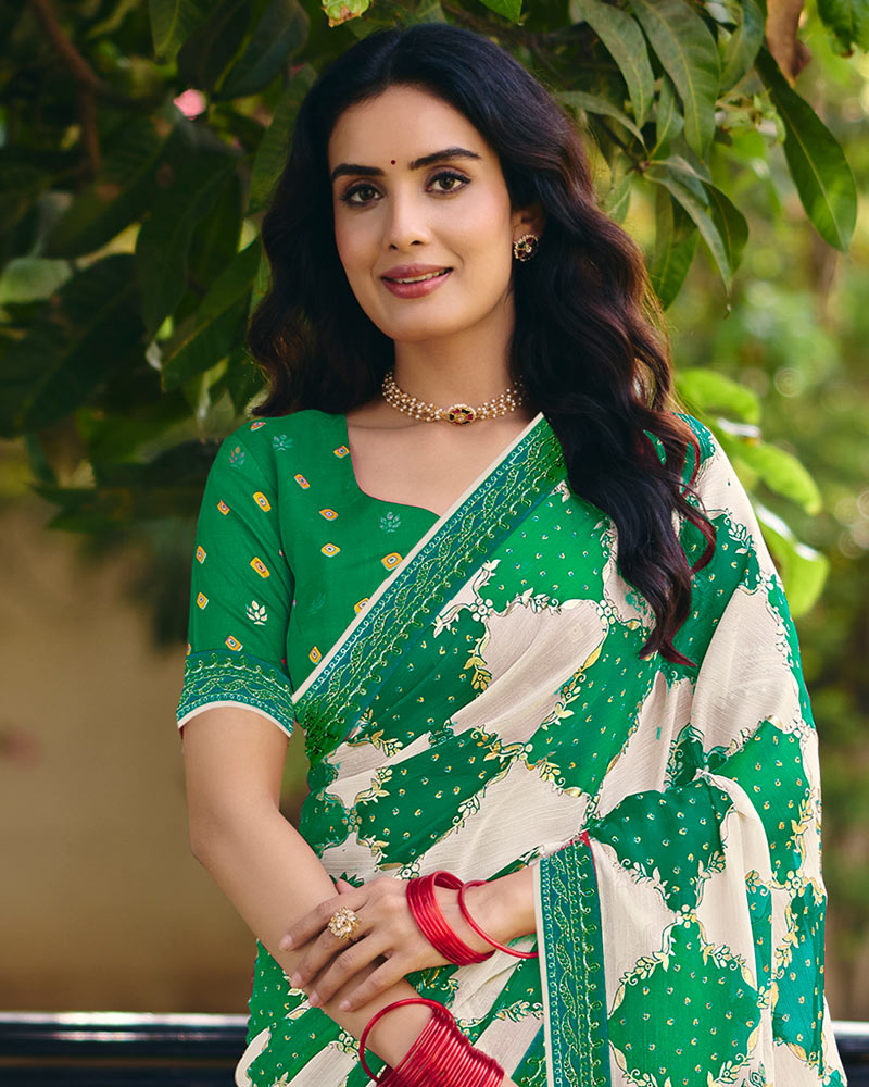 Vishal Prints Spring Green Printed Fancy Chiffon Traditional Print Saree With Foil Print And Embroidery Border