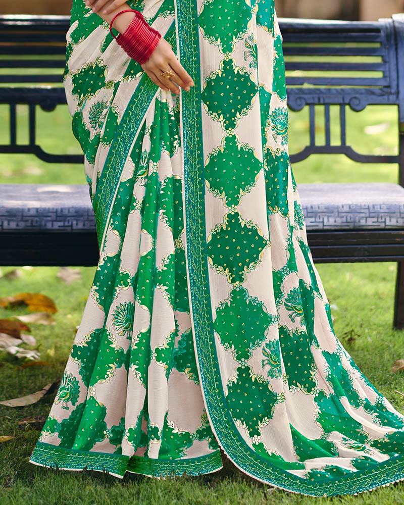 Vishal Prints Spring Green Printed Fancy Chiffon Traditional Print Saree With Foil Print And Embroidery Border