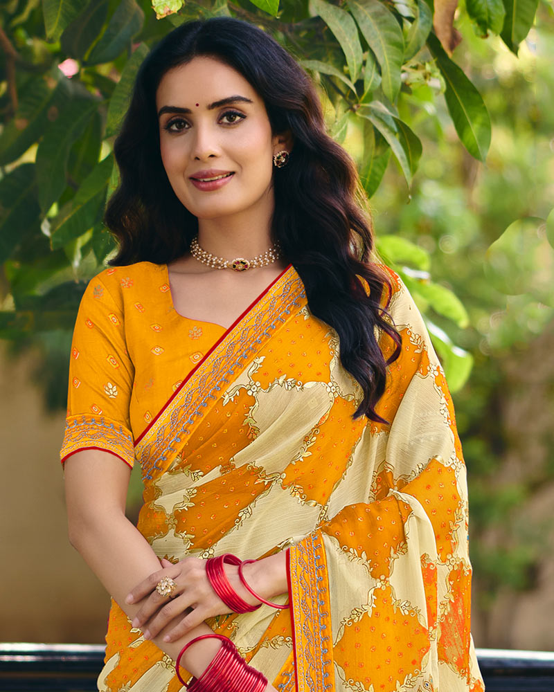 Vishal Prints Yellowish Orange Printed Fancy Chiffon Traditional Print Saree With Foil Print And Embroidery Border