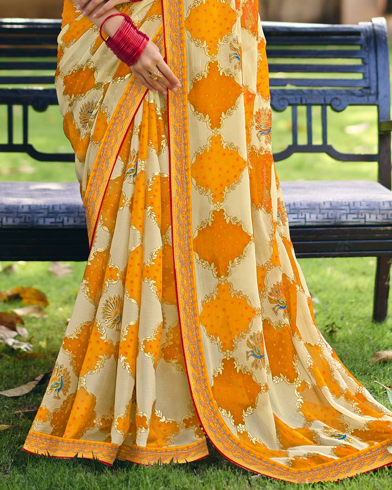 Vishal Prints Yellowish Orange Printed Fancy Chiffon Traditional Print Saree With Foil Print And Embroidery Border