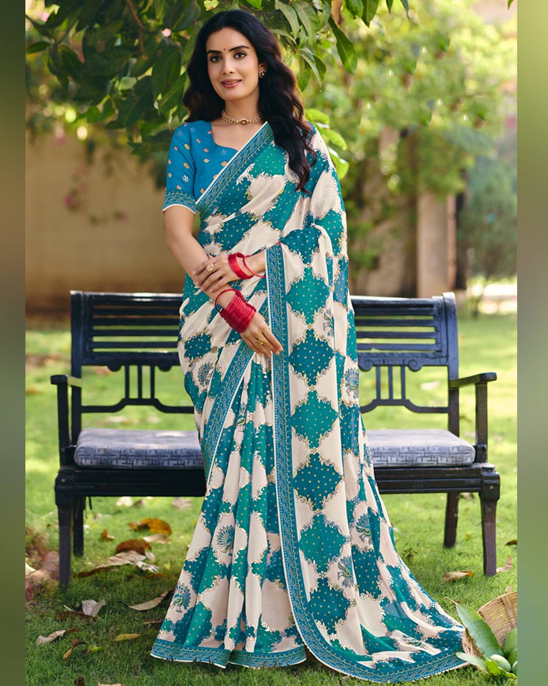 Vishal Prints Persian Green Printed Fancy Chiffon Traditional Print Saree With Foil Print And Embroidery Border